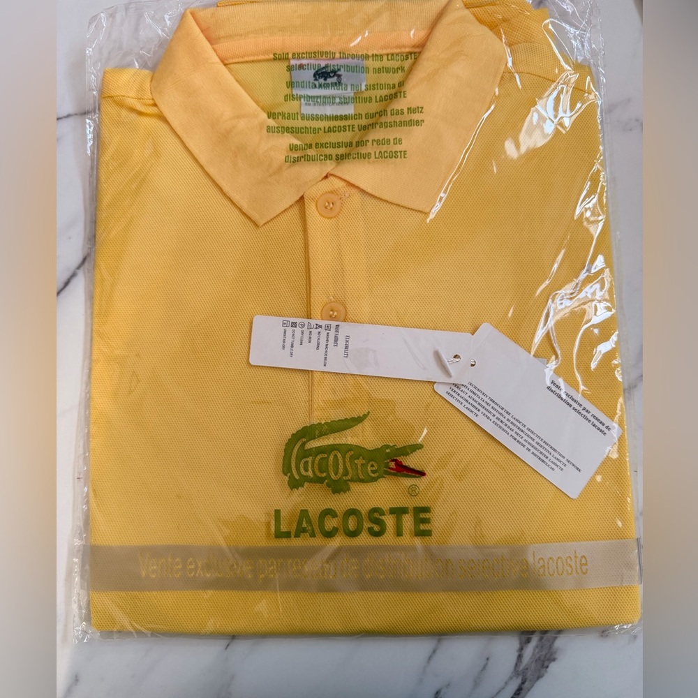 Lacoste Yellow Short-Sleeve Piqué Polo with Green Crocodile Logo